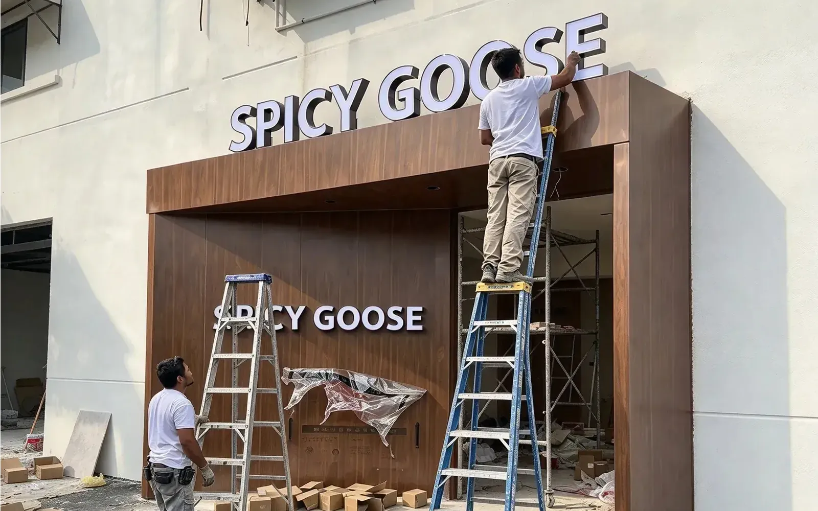 SPICY GOOSE sign installation on ladder