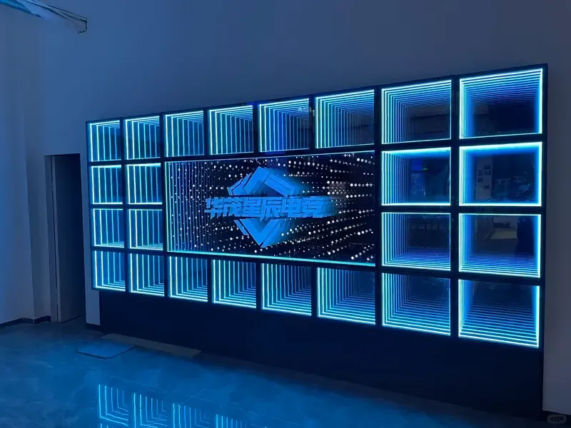 Blue tunnel infinity mirror brand wall for retail store