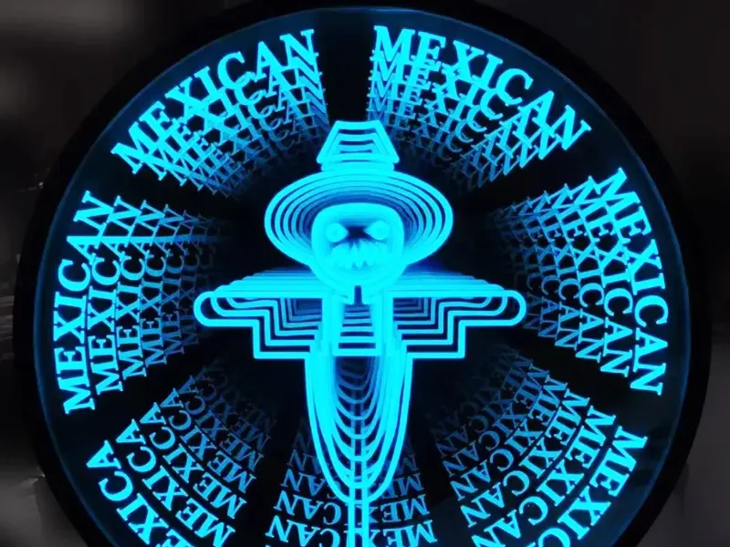 round infinity mirror sign with neon art