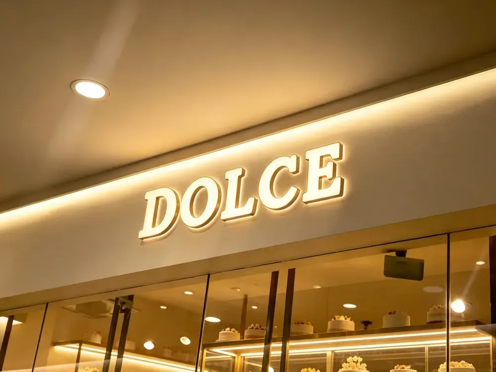 Mini Channel Letters - gold backlit letters for cafe and bakery