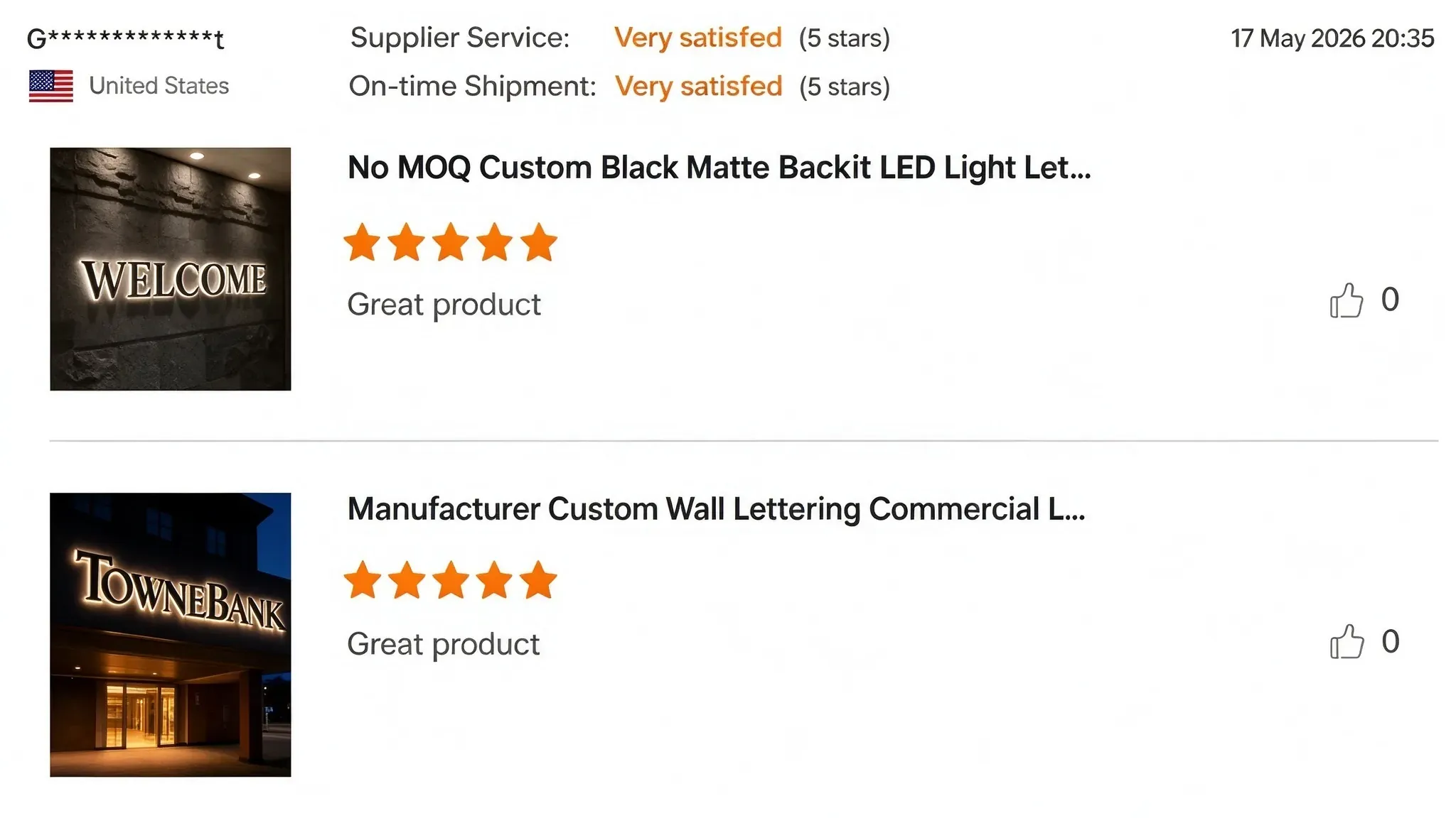 Happy customer review for custom LED channel letters