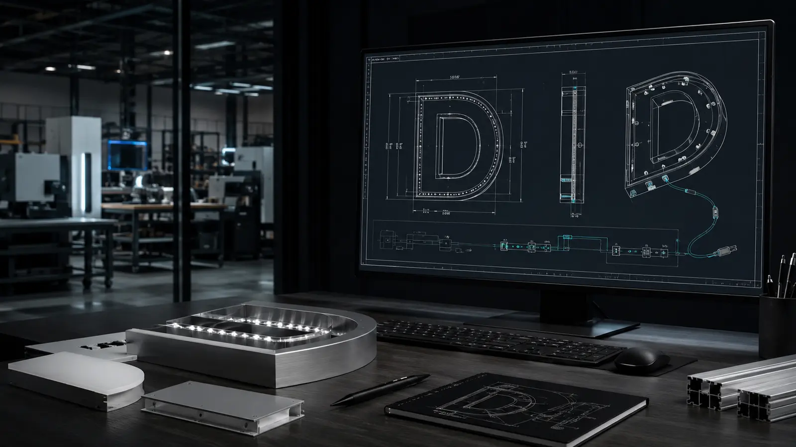Technical illustration of custom logo artwork converted into a production drawing