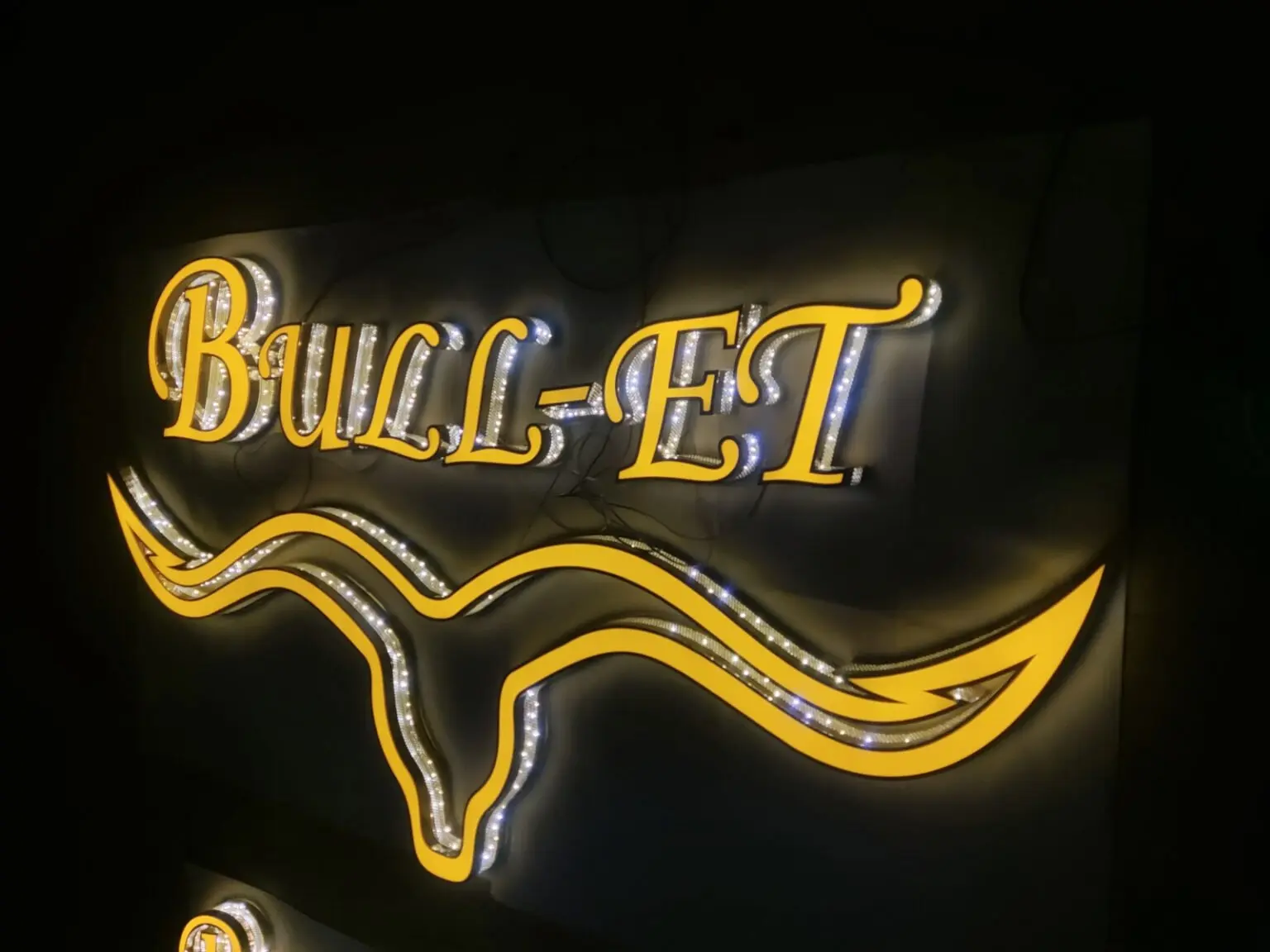 Dimensional logo with illuminated lettering and outlined accents