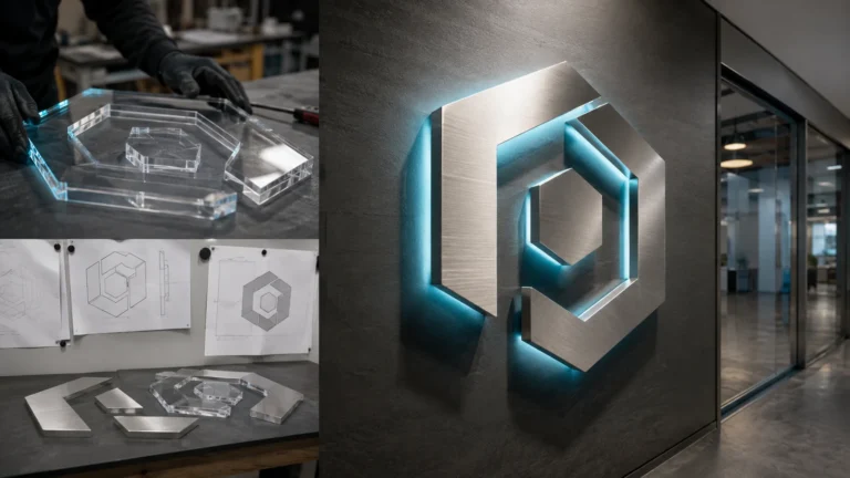 Acrylic corporate logo sign displayed beside a fabricated brushed-metal logo on finished walls