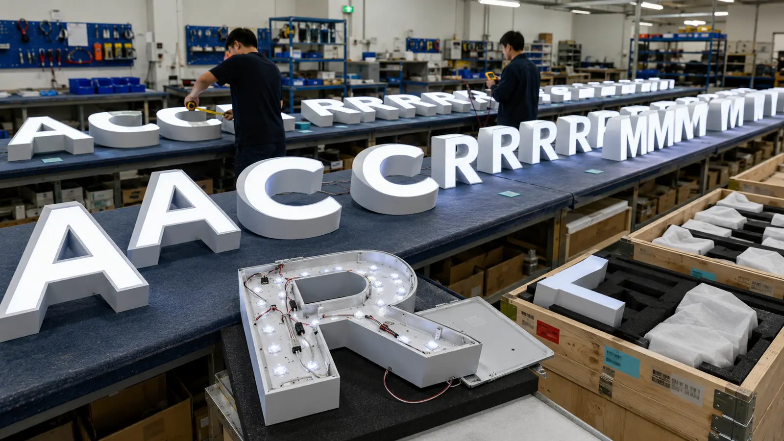 Repeated white channel letter housings arranged on production benches