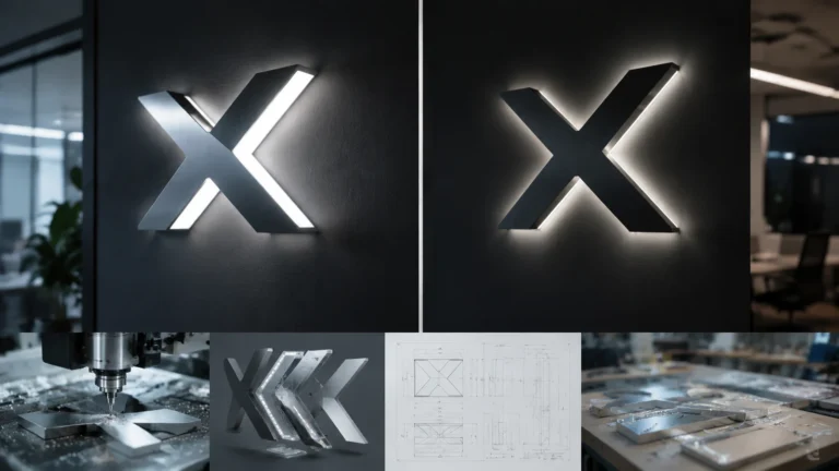 Corporate reception logo comparing illuminated front face with controlled wall-reflected halo lighting