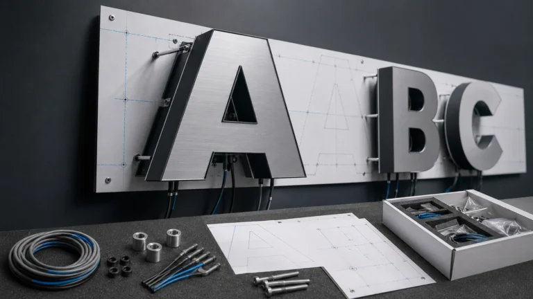 Commercial channel letter installation package with setting-out template and labeled cable exits