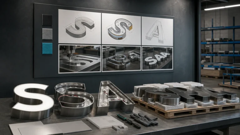 Channel letter production planning board with approved drawings, fabrication stages and packed assemblies