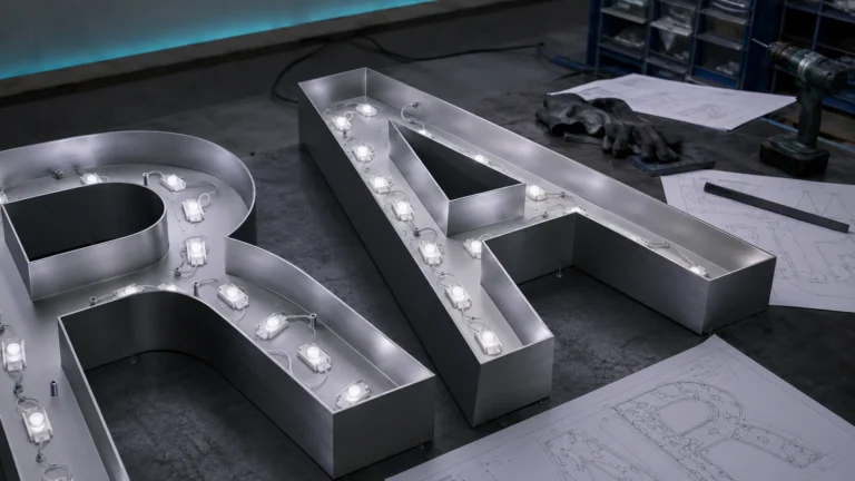 Illuminated channel letter layout showing LED module placement inside narrow and wide letter strokes