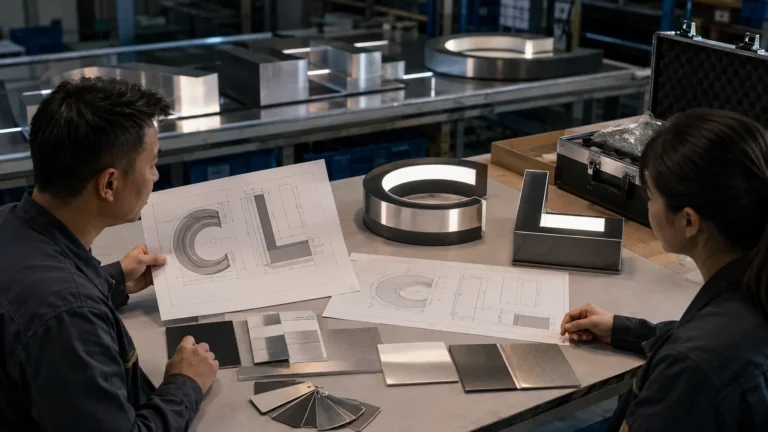 Channel letter quotation review with dimensioned letter drawings, material samples and packing references