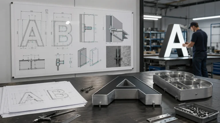 Channel letter shop drawing with letter dimensions, mounting positions and controlled revision references