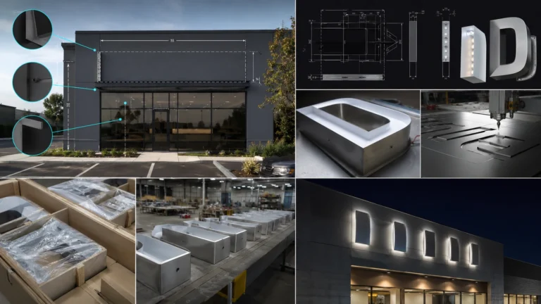 Commercial storefront site photographs annotated with fascia dimensions, access points and mounting conditions