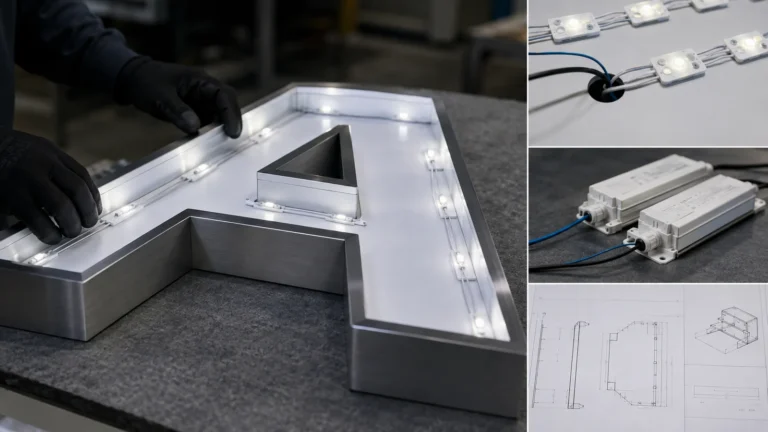 Channel letter electrical planning with LED modules, labeled drivers and approved cable-exit drawings