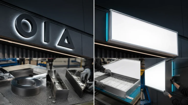 Commercial storefront comparing separate illuminated channel letters with an LED light box cabinet