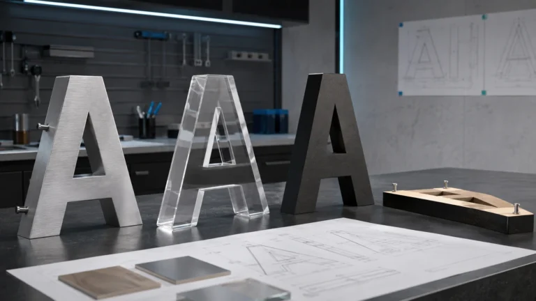 Non-illuminated dimensional letter samples in brushed metal, clear acrylic and finished engineered board