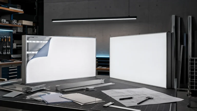 Commercial light box samples comparing tensioned flex face construction with rigid acrylic face panels
