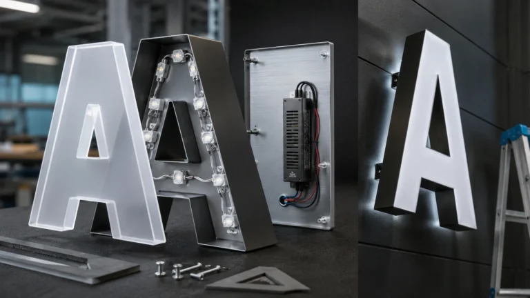 Commercial channel letter components showing acrylic face, metal return, LED modules and accessible driver