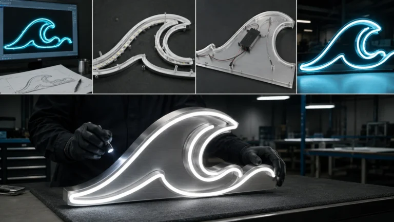 LED neon sign fabrication workflow showing approved graphic, shaped profile, backing assembly and inspection