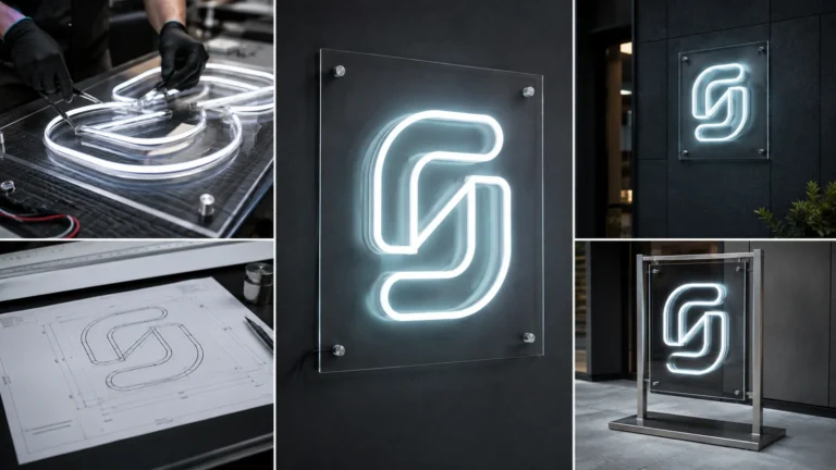 Commercial LED neon sign shown on clear backing, finished wall and freestanding support examples