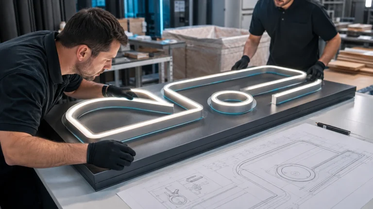 Commercial LED neon sign under final inspection for profile alignment, illumination and protective packing