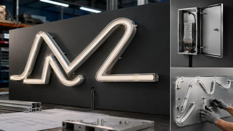 LED neon sign backing with concealed cable exit, low-voltage driver and accessible control enclosure