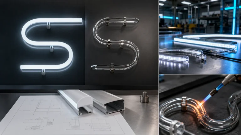 Commercial LED neon profile and traditional glass neon tube compared on neutral display backings