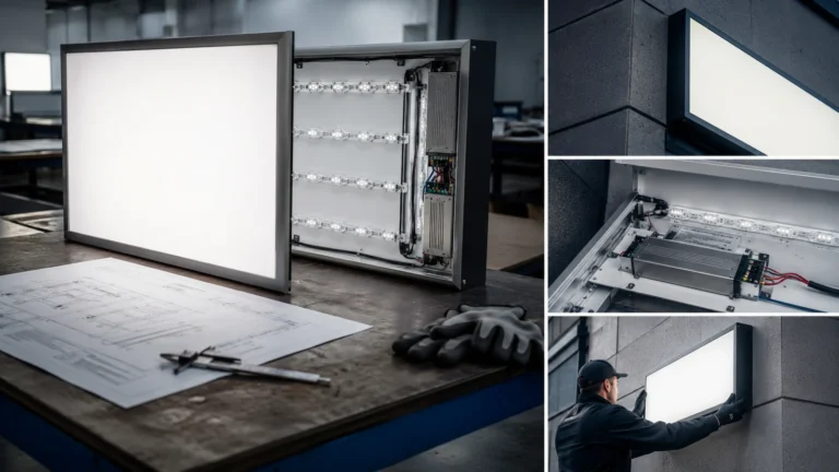 Commercial illuminated light box with accessible face panel, internal LED modules and serviceable driver