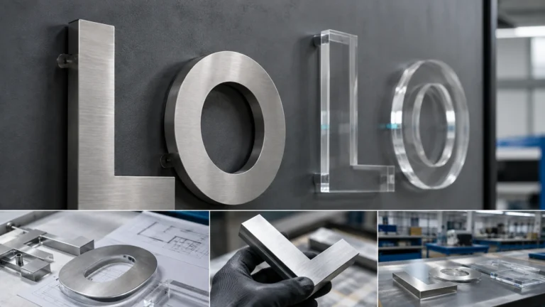 Non-illuminated brushed-metal dimensional letters compared with clear-edge acrylic letters on a wall