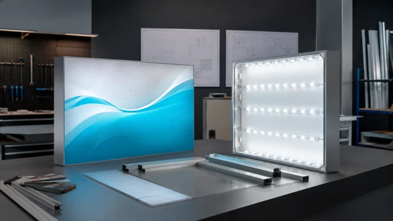 Commercial SEG fabric light box displayed beside a rigid acrylic-face illuminated cabinet