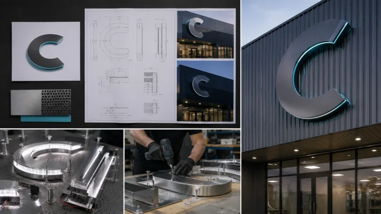 Channel letter quotation package with vector logo, dimensioned elevation and storefront site photographs
