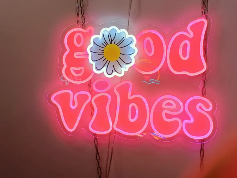 Pink illuminated lettering and a flower graphic on a clear shaped panel suspended by chains.