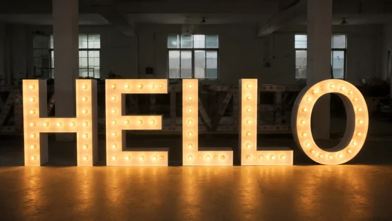 Illuminated HELLO block letters arranged in a row on an interior floor.
