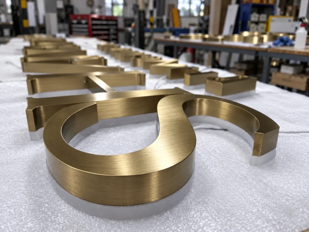 Multiple brushed metal channel letters prepared for repeat production