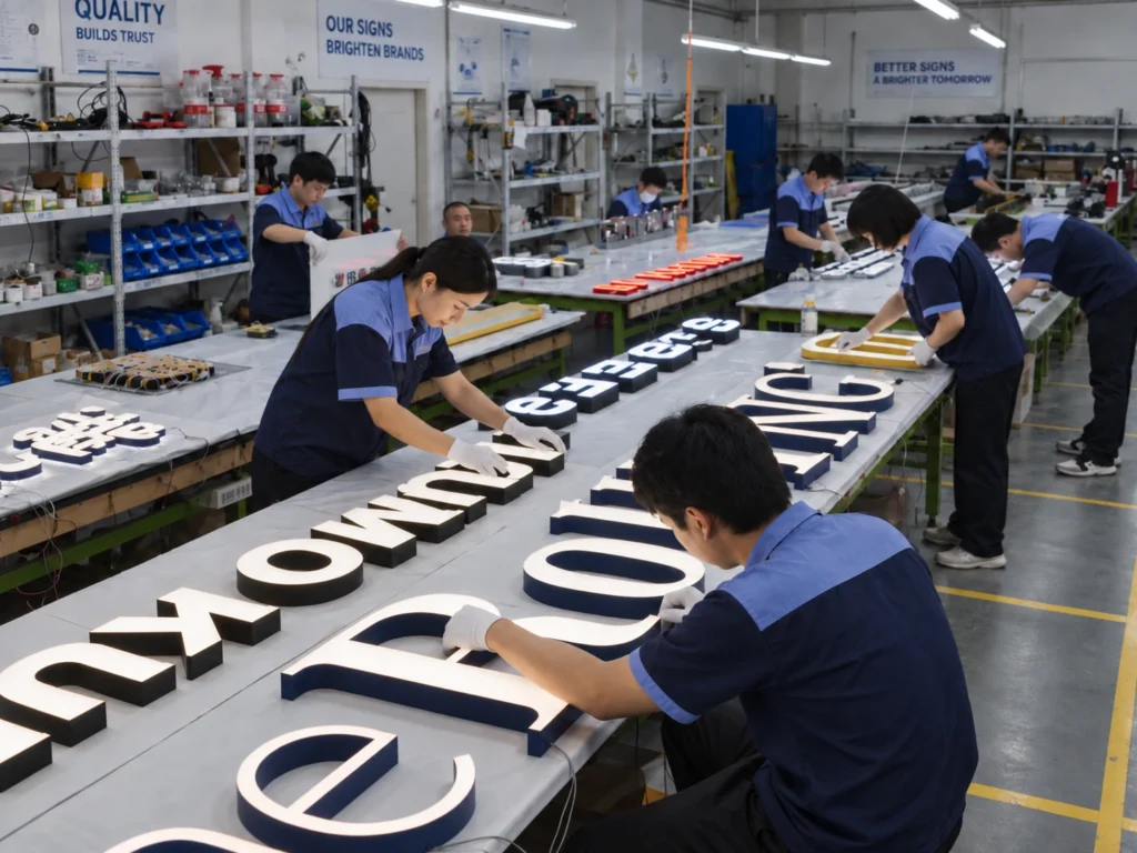 Workers assembling multiple illuminated channel letter signs in a sign manufacturing factory