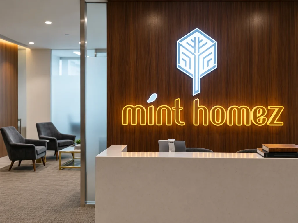 Illuminated Mint Homez logo installed on a wood feature wall in an office reception area