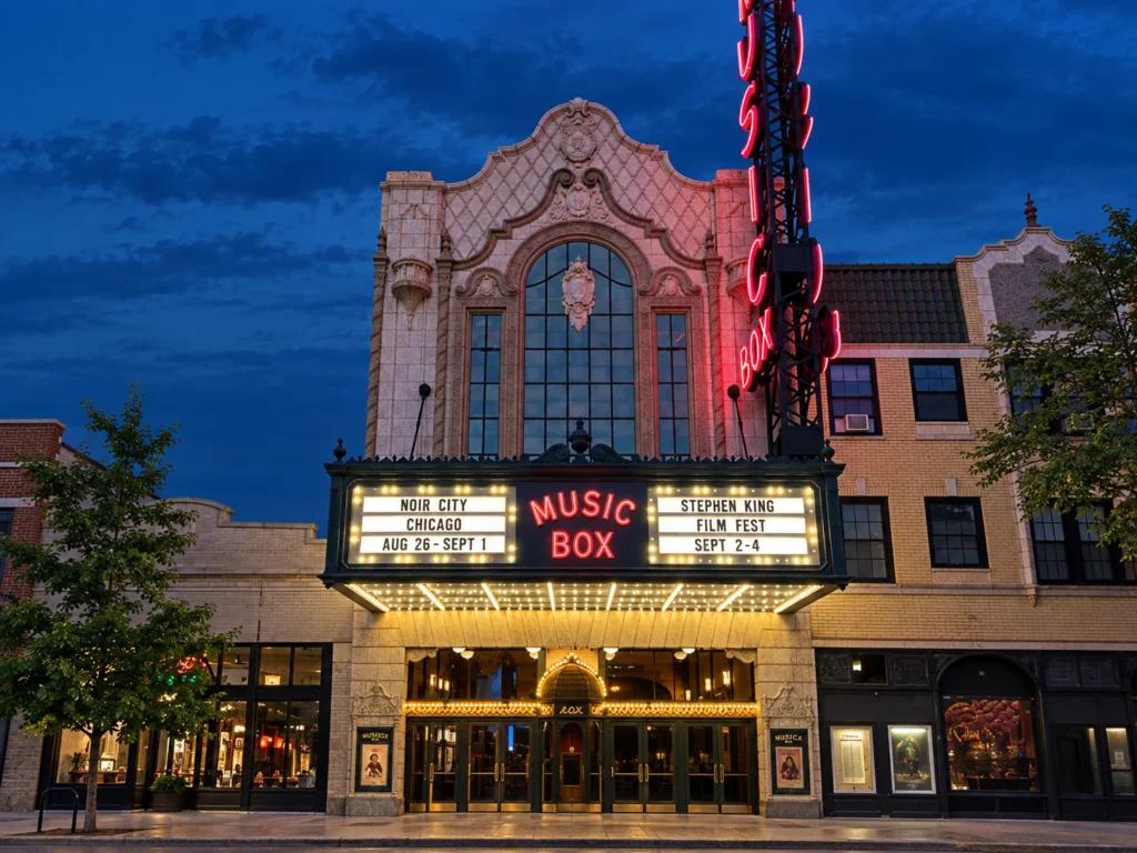 Illuminated Music Box Theatre marquee sign at blue hour