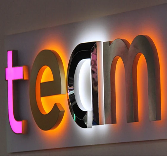 Dimensional letter samples with colored, dark and reflective faces, deep returns and different surrounding light colors.