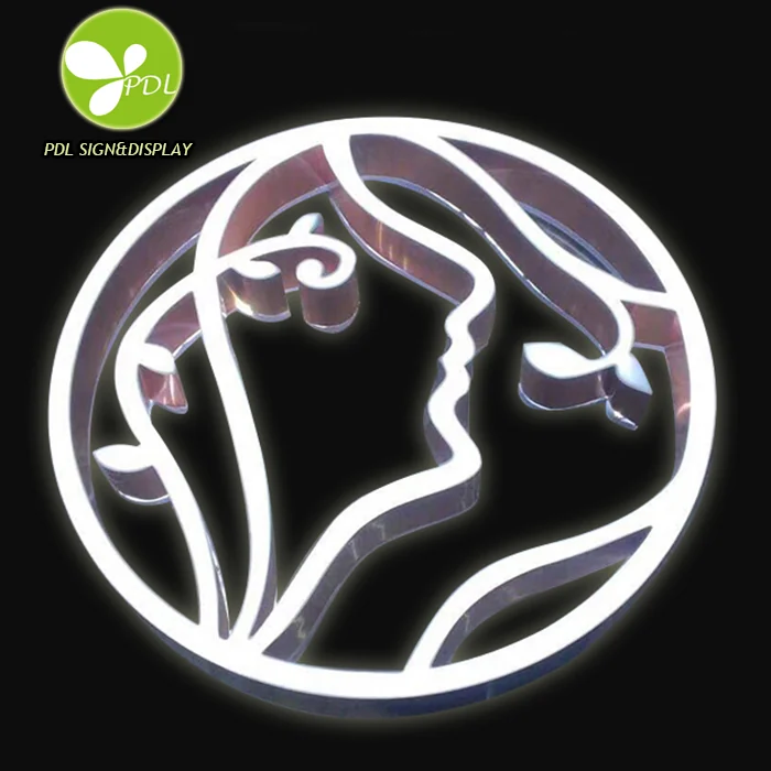 A circular illuminated logo with a fine-line animal profile and bright white outlines.