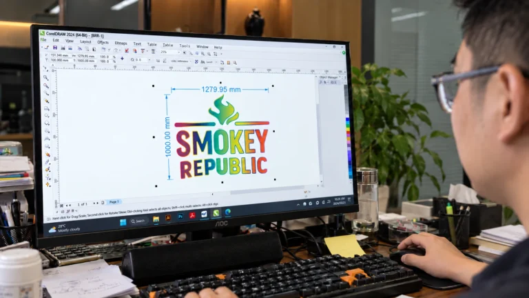 Designer reviewing sign artwork and dimensions on a desktop monitor