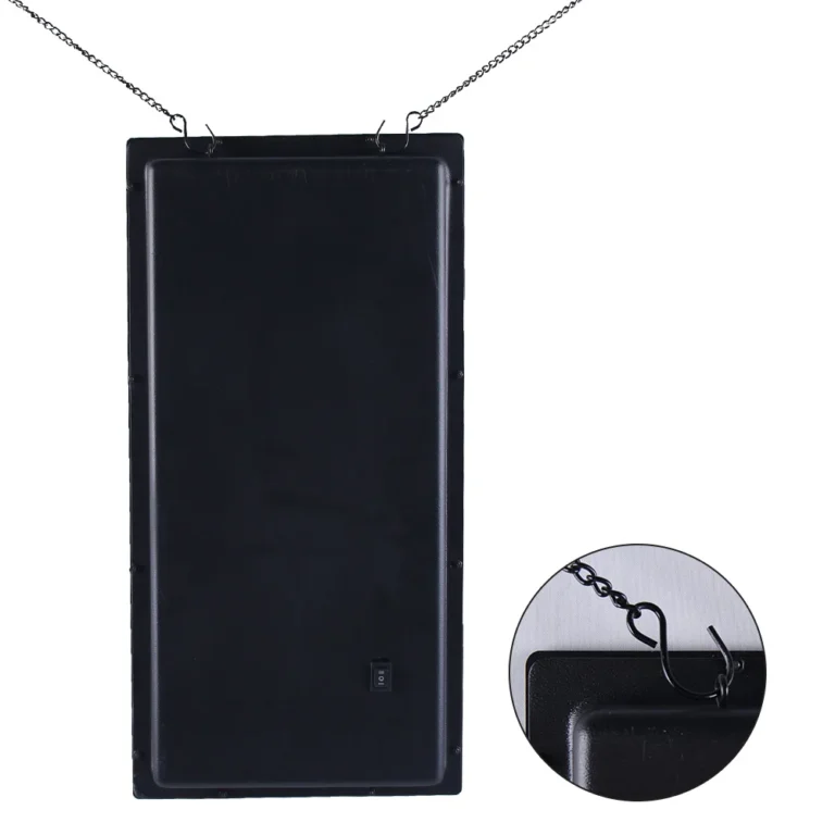 Rear of a rectangular hanging sign with two suspension points and an inset hardware detail.