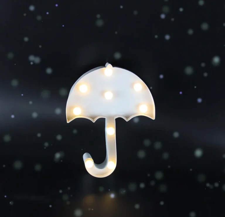 An umbrella-shaped sign with round illuminated bulbs against a dark background.