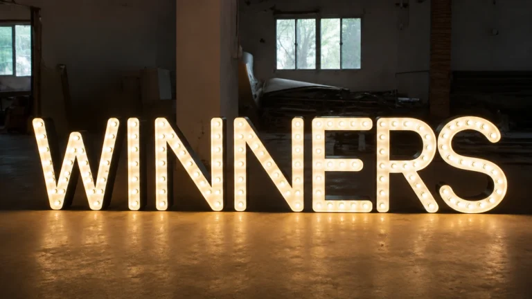 Large illuminated WINNERS letters standing in a row on a workshop floor.