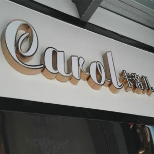 Reflective script lettering spelling Carol with smaller characters above a storefront entrance.