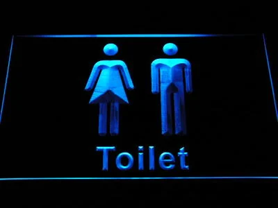 A dark restroom panel with blue illuminated figures and the word Toilet.