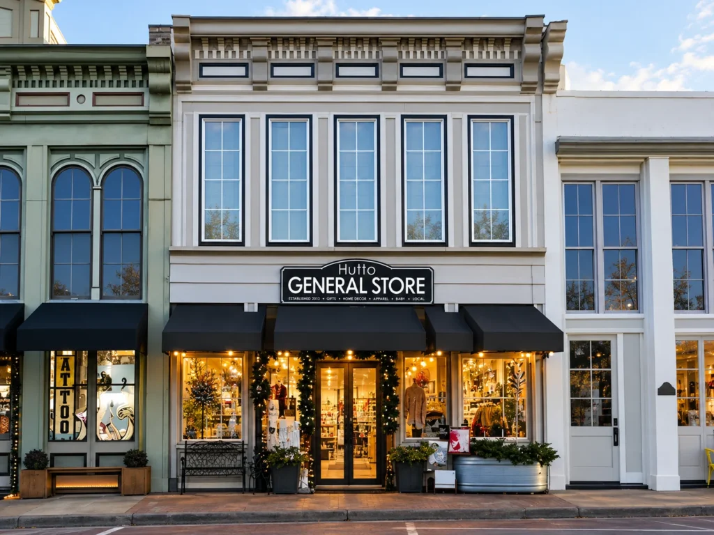 Retail storefront signage integrated with a commercial building facade