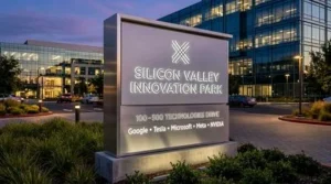 Illuminated monument sign identifying a business and innovation park at dusk.