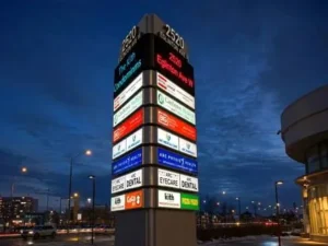 Illuminated multi-tenant pylon sign photographed at night in a commercial setting.