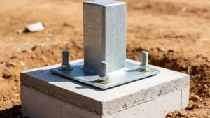 Steel post base plate secured with anchor bolts at a concrete support interface.